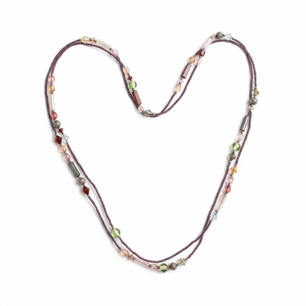 VINTAGE - Long beaded necklace - 60' Purple with violet, green, blue, pink clear